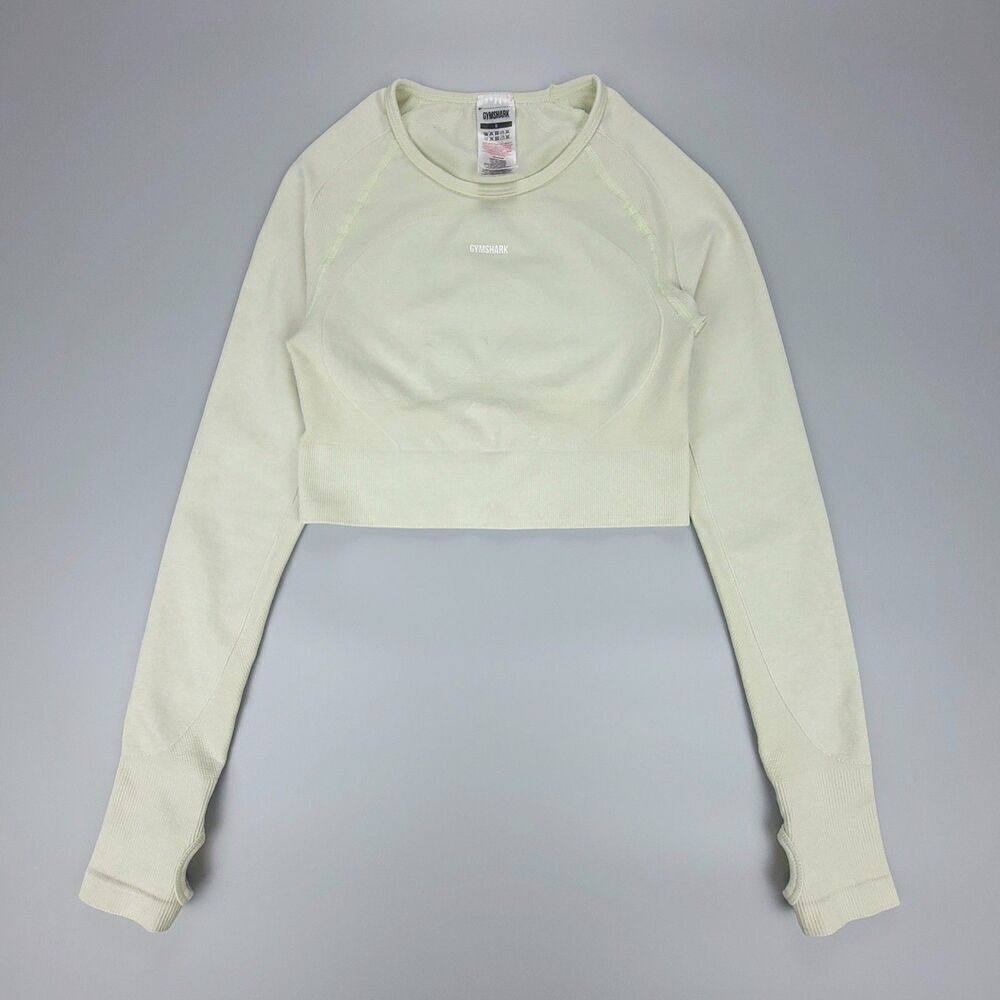 GYMSHARK Flex Sports Long Sleeve Crop Top Cut Out Light Green Marl Lounge Small